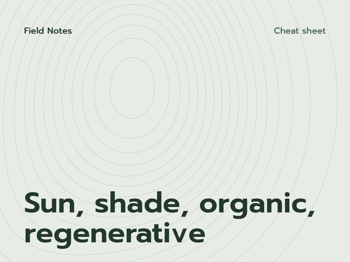 Field Notes cover: Sun, shade, organic, regenerative
