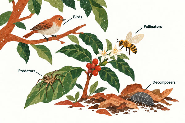 Small habitat illustrations labeling birds, pollinators, predators and decomposers.