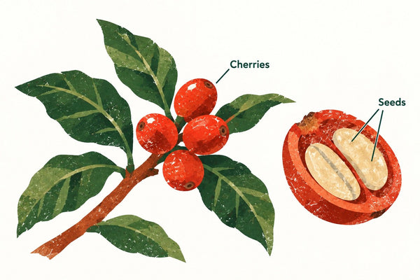 Coffee branch and enlarged cut coffee fruit identifying cherries and seeds.