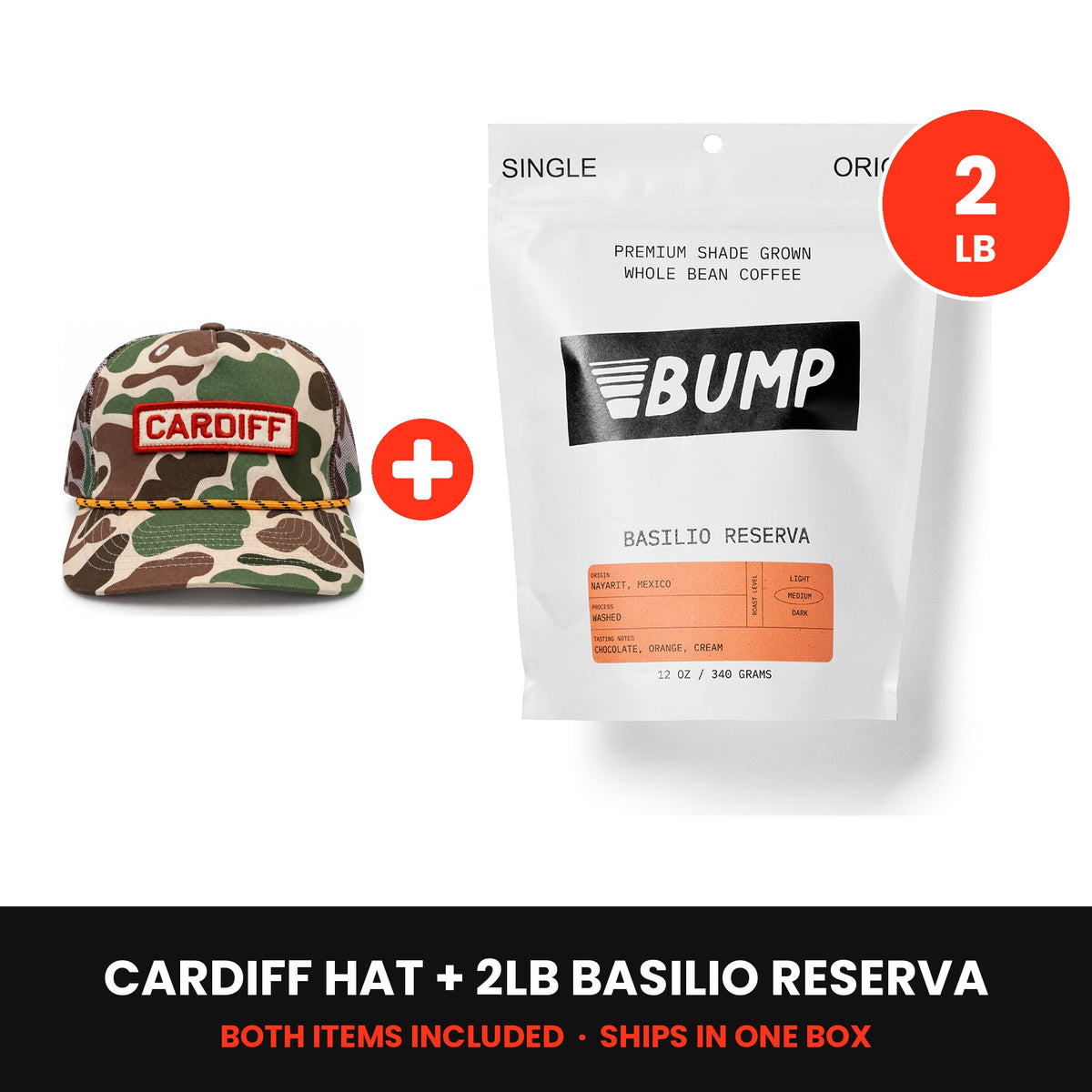 Cardiff Kit: Cardiff Camo hat plus a 2lb bag of Basilio Reserva, both included