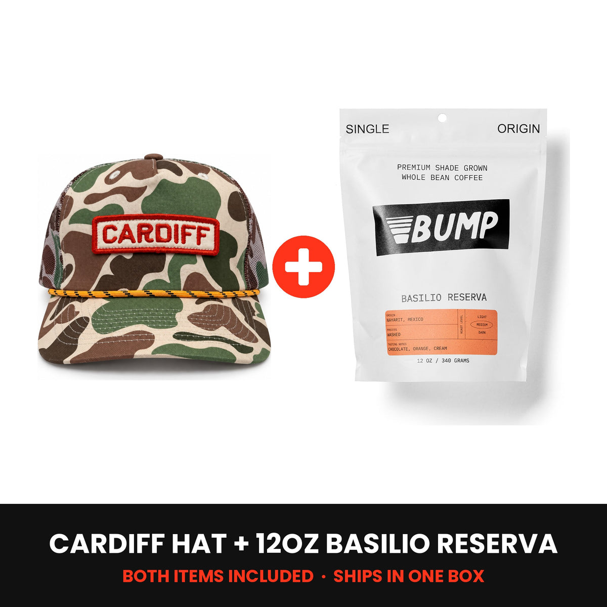 Cardiff Kit: Cardiff Camo hat plus a 12oz bag of Basilio Reserva coffee, both included
