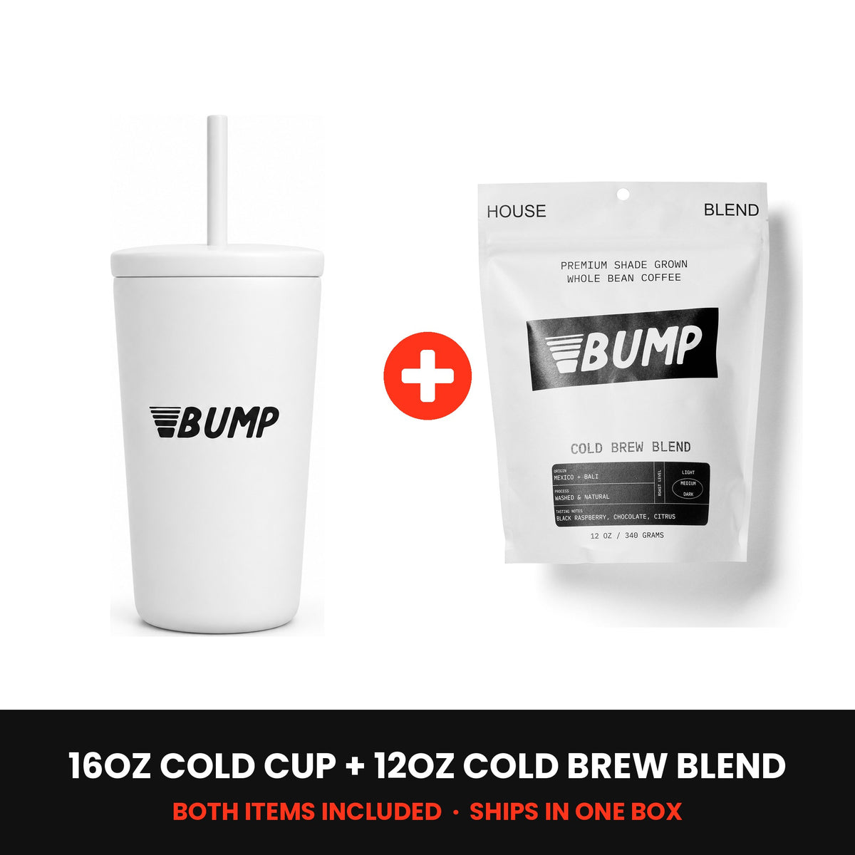 Cold Brew Kit: 16oz Bump Cold Cup plus a 12oz bag of Cold Brew Blend coffee, both included