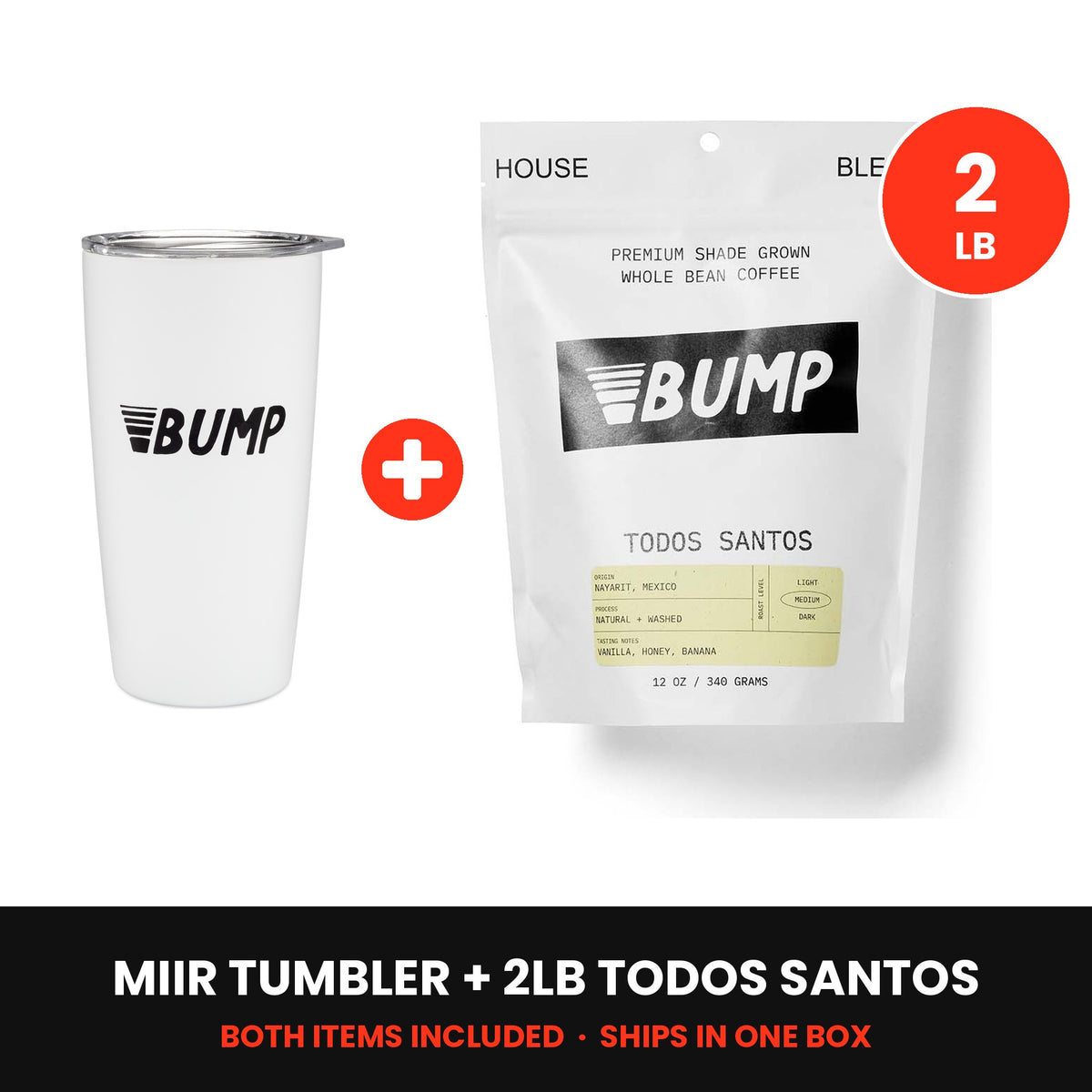 Coffee Fiend Kit: white MiiR Tumbler plus a 2lb bag of Todos Santos, both included