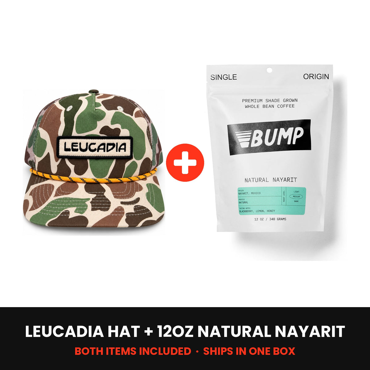 Leucadia Kit: Leucadia Camo hat plus a 12oz bag of Natural Nayarit coffee, both included