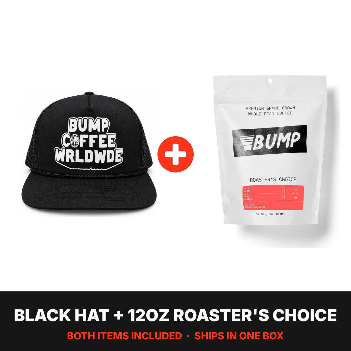 Worldwide Kit: black Worldwide hat plus a 12oz bag of Roaster's Choice coffee, both included