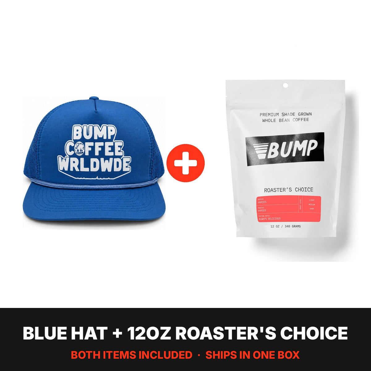 Worldwide Kit: blue Worldwide hat plus a 12oz bag of Roaster's Choice coffee, both included