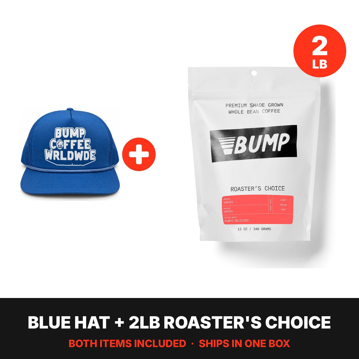 Worldwide Kit: blue hat plus a 2lb bag of Roaster's Choice, both included
