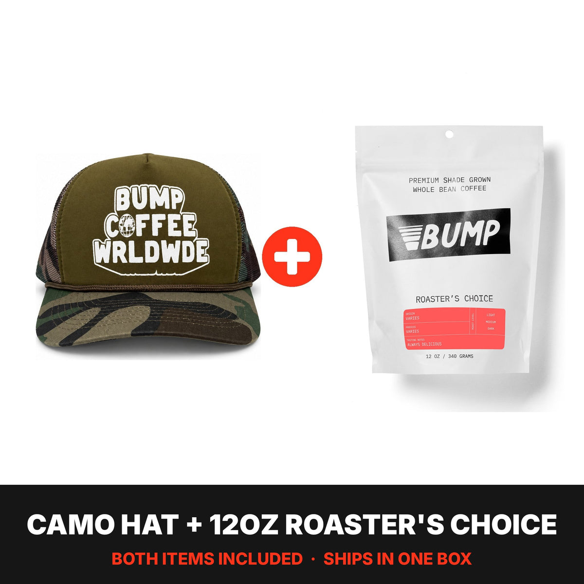 Worldwide Kit: camo Worldwide hat plus a 12oz bag of Roaster's Choice coffee, both included