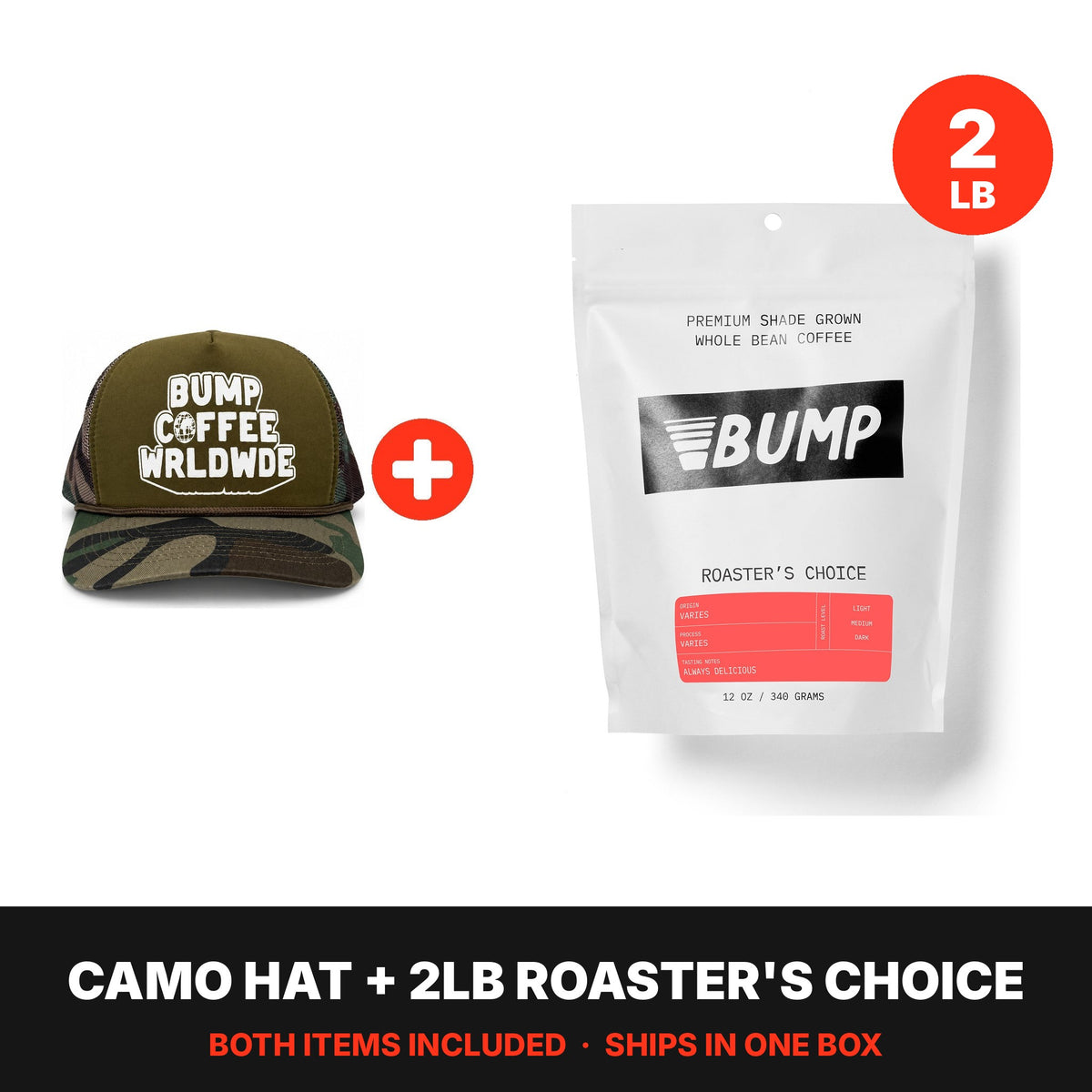 Worldwide Kit: camo hat plus a 2lb bag of Roaster's Choice, both included