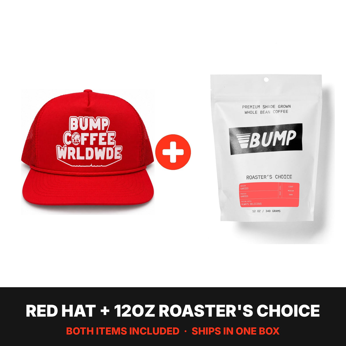 Worldwide Kit: red Worldwide hat plus a 12oz bag of Roaster's Choice coffee, both included