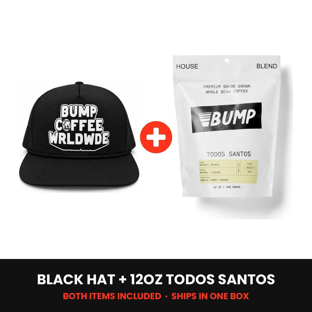 Worldwide Kit: black Worldwide hat plus a 12oz bag of Todos Santos coffee, both included