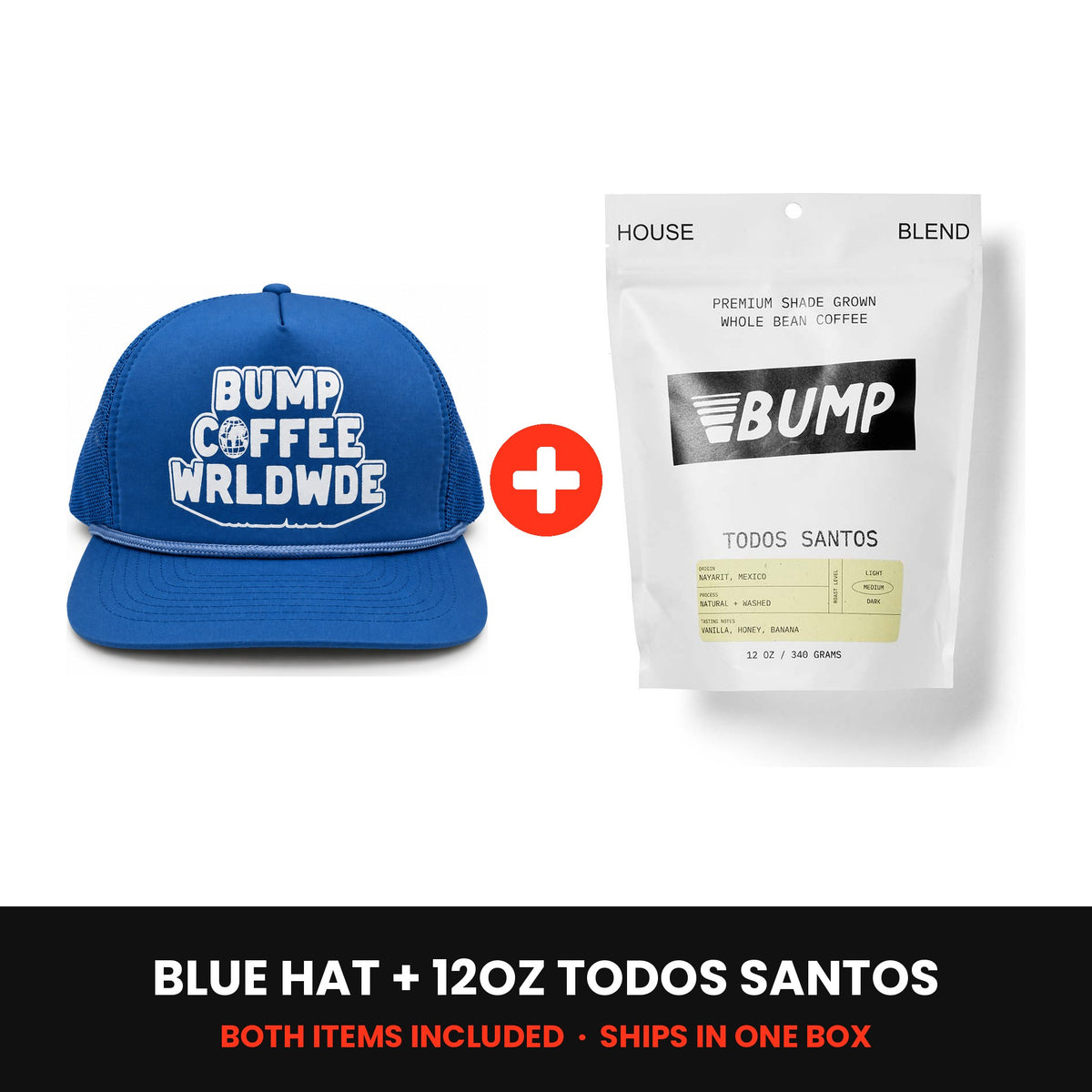 Worldwide Kit: blue Worldwide hat plus a 12oz bag of Todos Santos coffee, both included