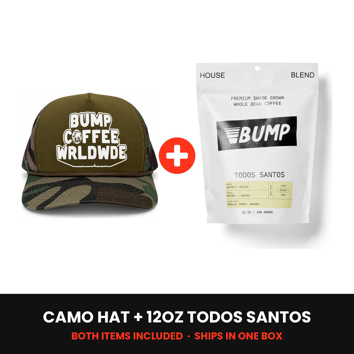 Worldwide Kit: camo Worldwide hat plus a 12oz bag of Todos Santos coffee, both included