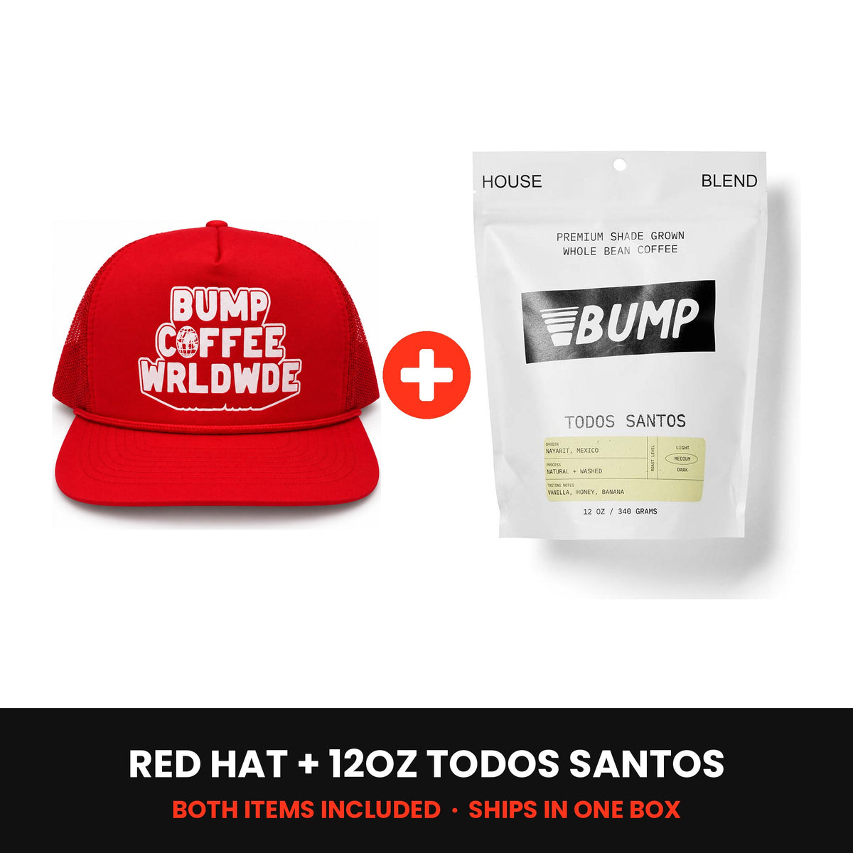 Worldwide Kit: red Worldwide hat plus a 12oz bag of Todos Santos coffee, both included