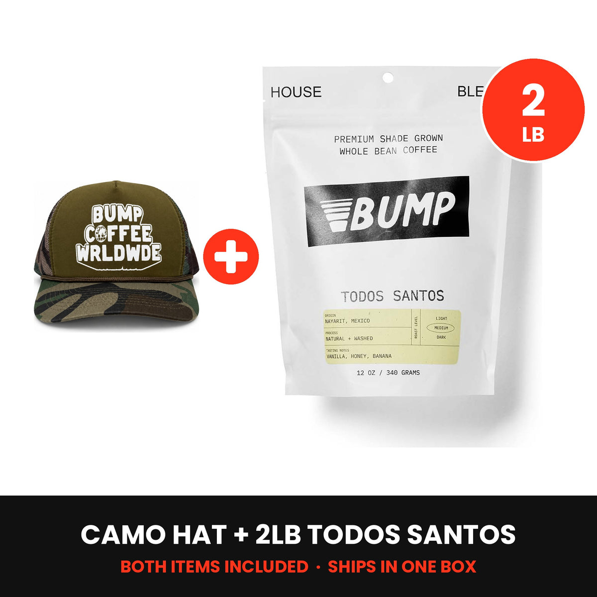 Worldwide Kit: camo hat plus a 2lb bag of Todos Santos, both included