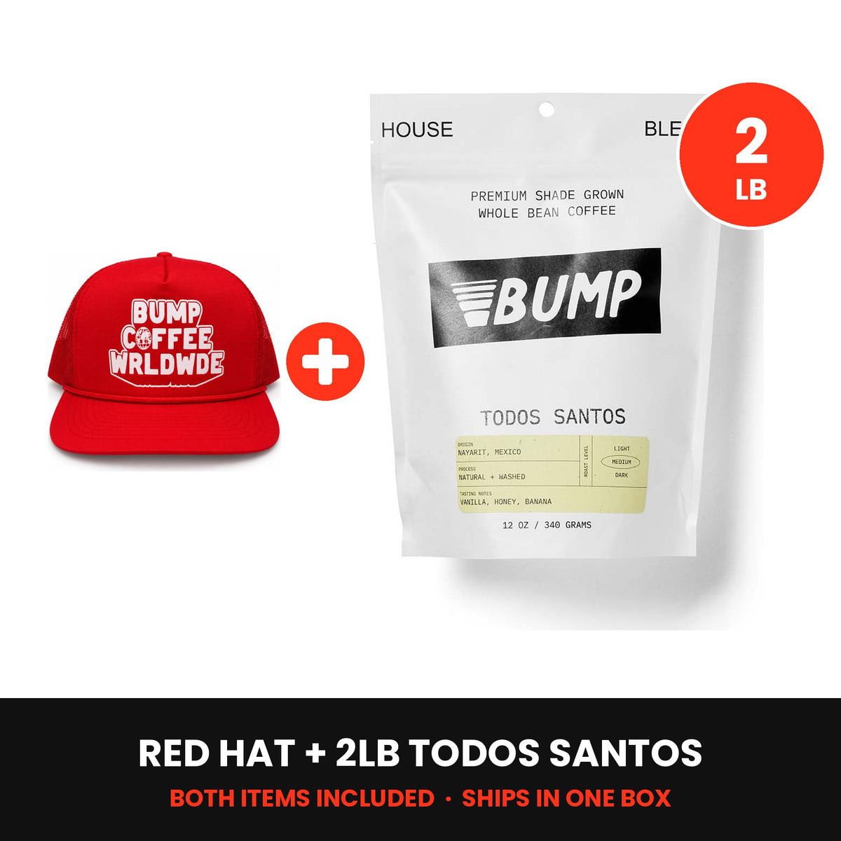 Worldwide Kit: red hat plus a 2lb bag of Todos Santos, both included